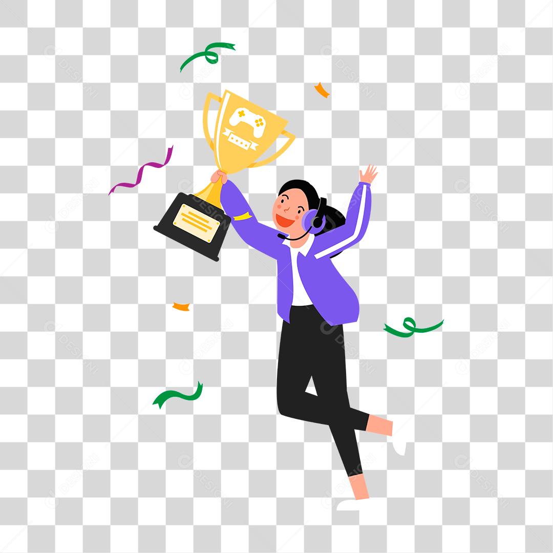 Desenho de mulher campeã segurando troféu