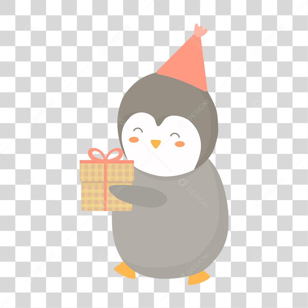 Desenho de pinguim ganhando presente aniversario