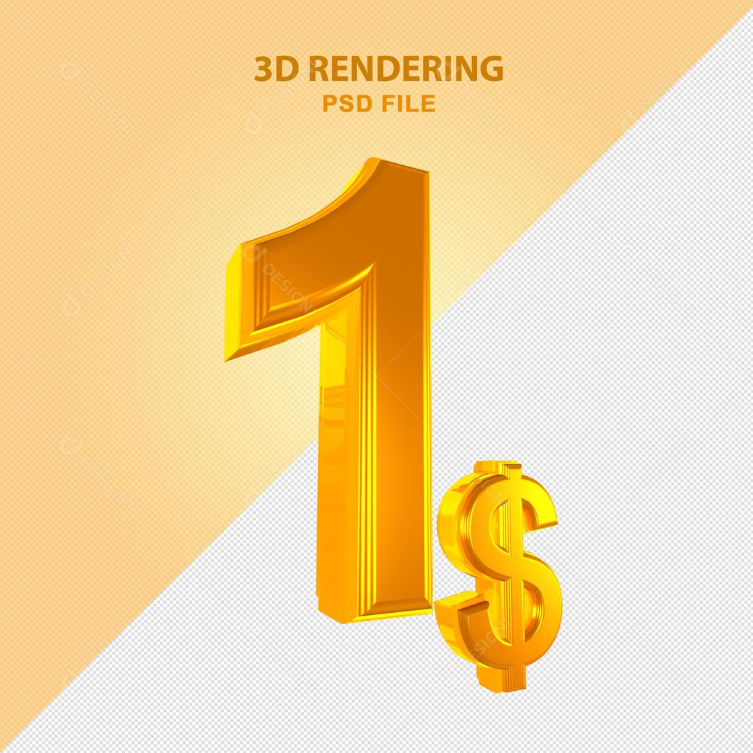 Número 3D 1$ Dólar Dourado Elemento Para Composição PSD
