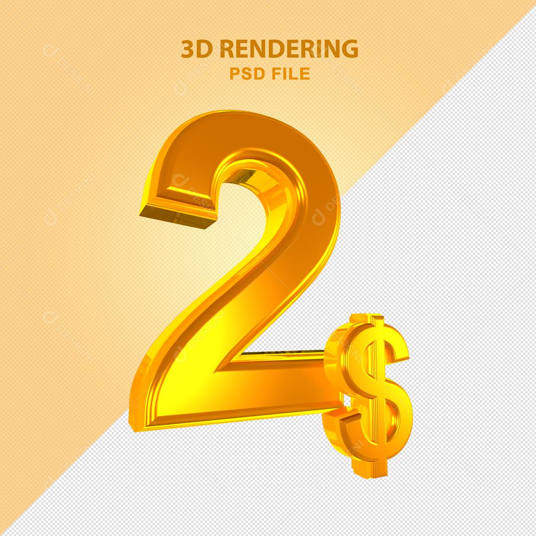 Número 3D 2$ Dólar Dourado Elemento Para Composição PSD