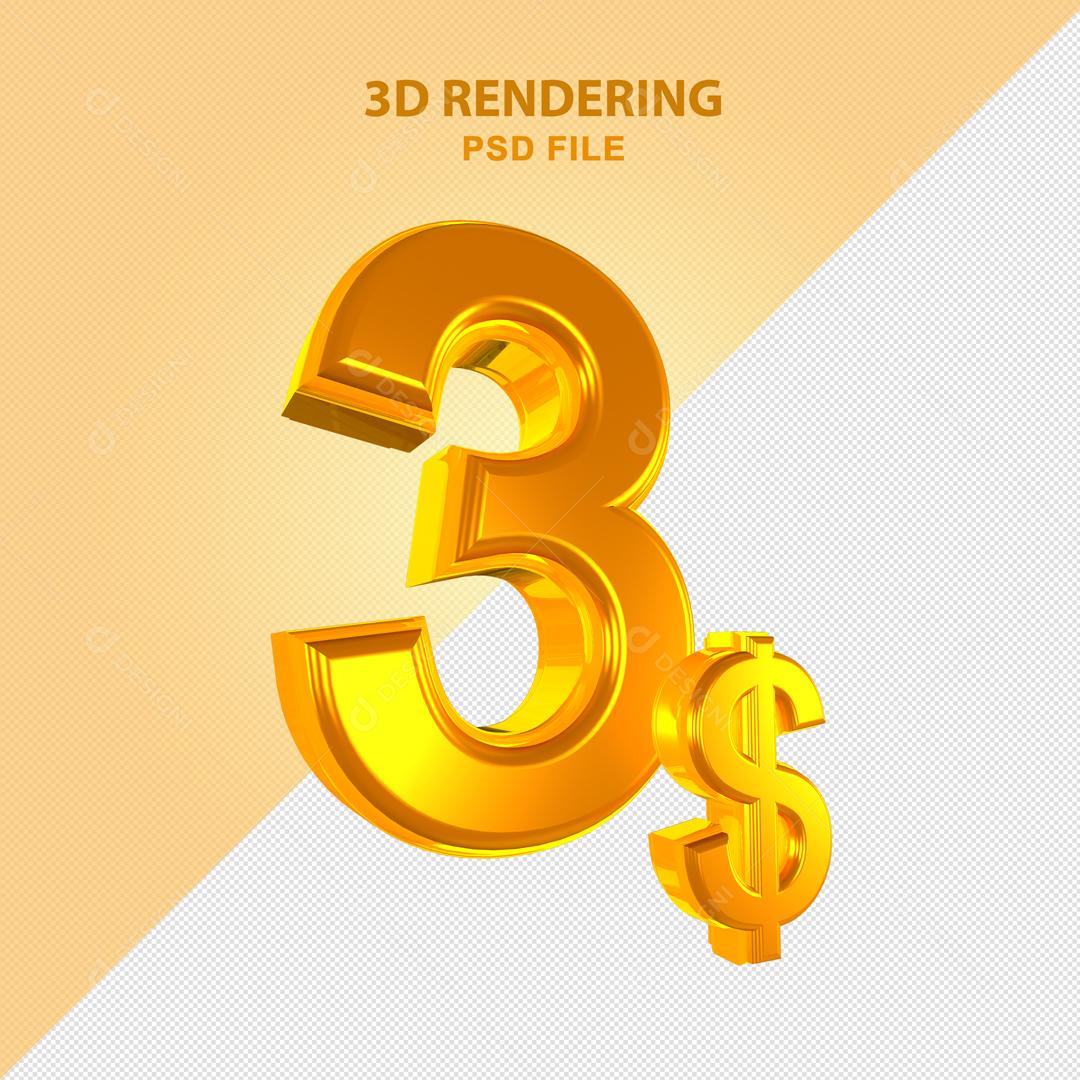 Número 3D 3$ Dólar Dourado Elemento Para Composição PSD