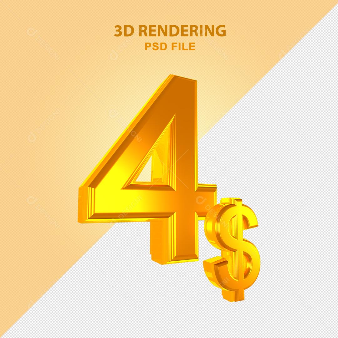 Número 3D 4$ Dólar Dourado Elemento Para Composição PSD
