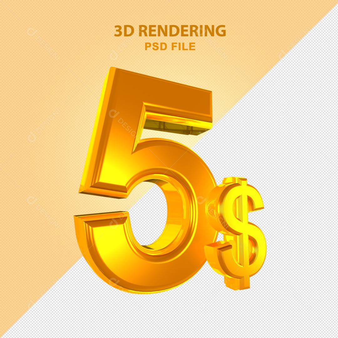 Número 3D 5$ Dólar Dourado Elemento Para Composição PSD