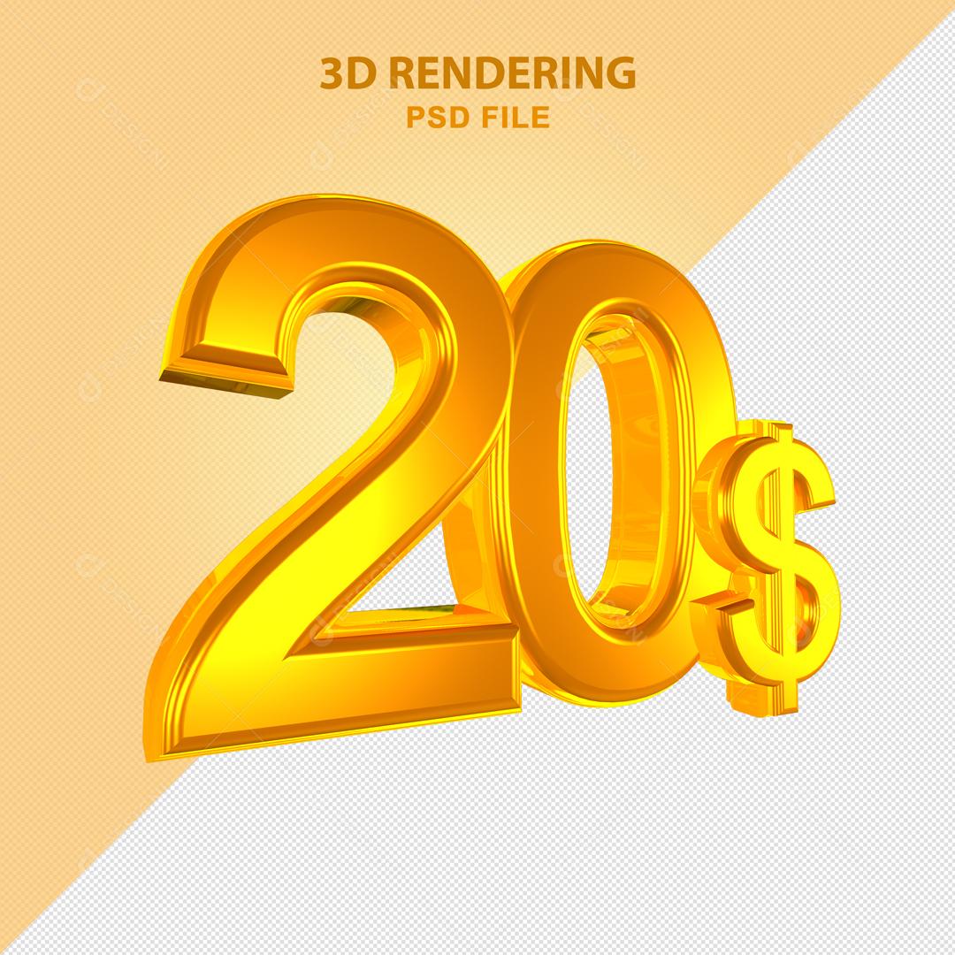 Número 3D 20$ Dólar Dourado Elemento Para Composição PSD