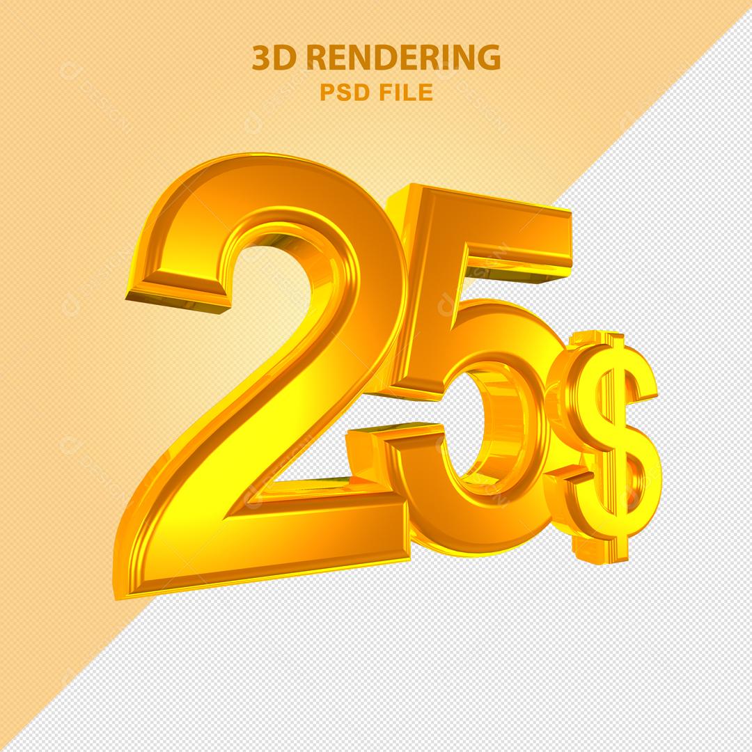 Número 3D 25$ Dólar Dourado Elemento Para Composição PSD
