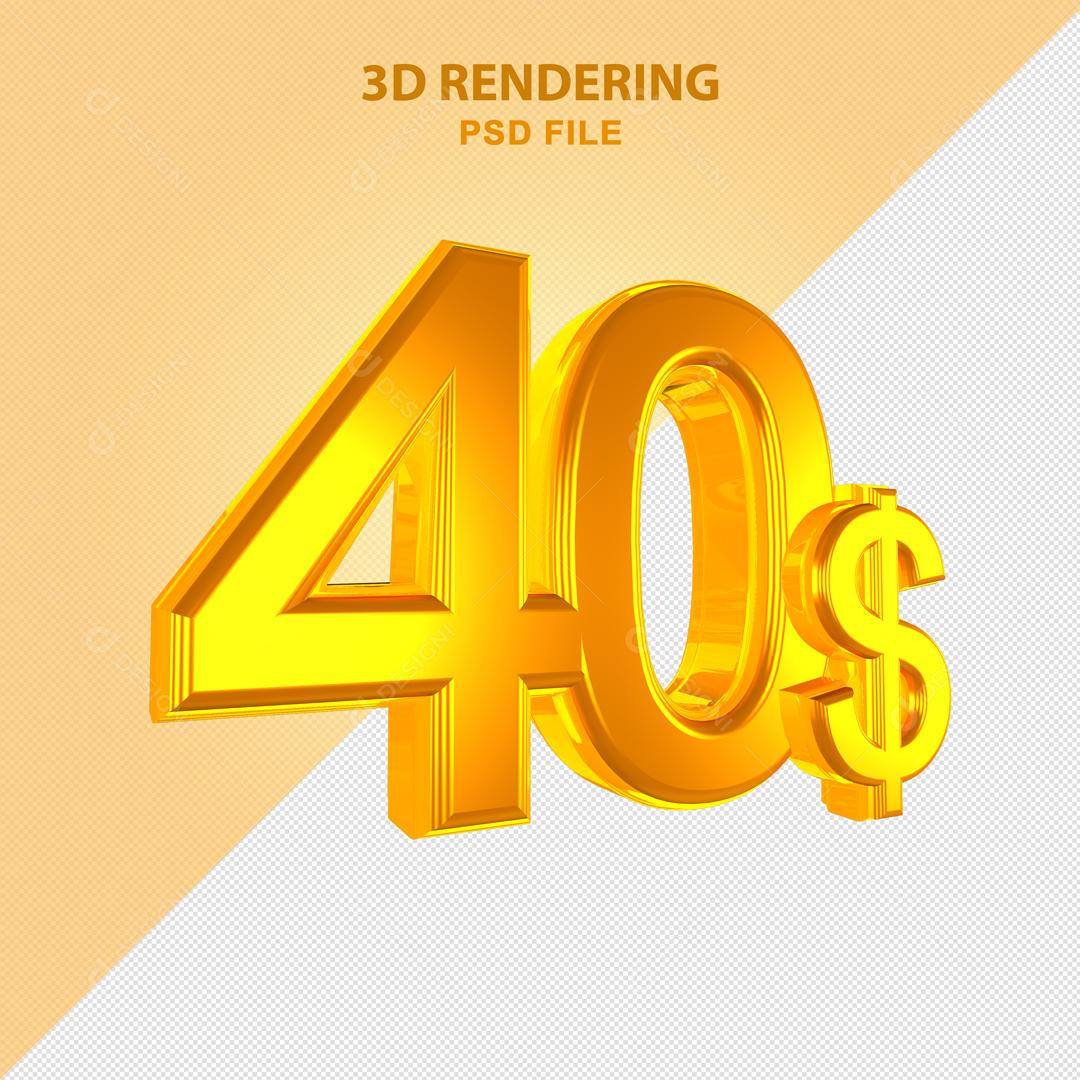 Número 3D 40$ Dólar Dourado Elemento Para Composição PSD