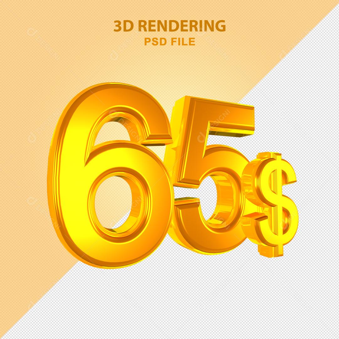 Número 3D 65$ Dólar Dourado Elemento Para Composição PSD