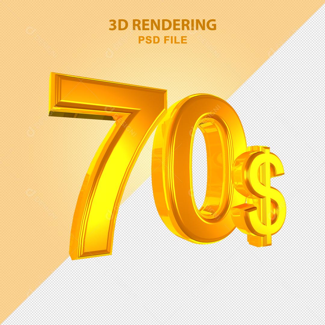 Número 3D 70$ Dólar Dourado Elemento Para Composição PSD