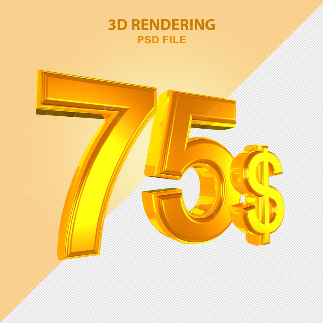 Número 3D 75$ Dólar Dourado Elemento Para Composição PSD