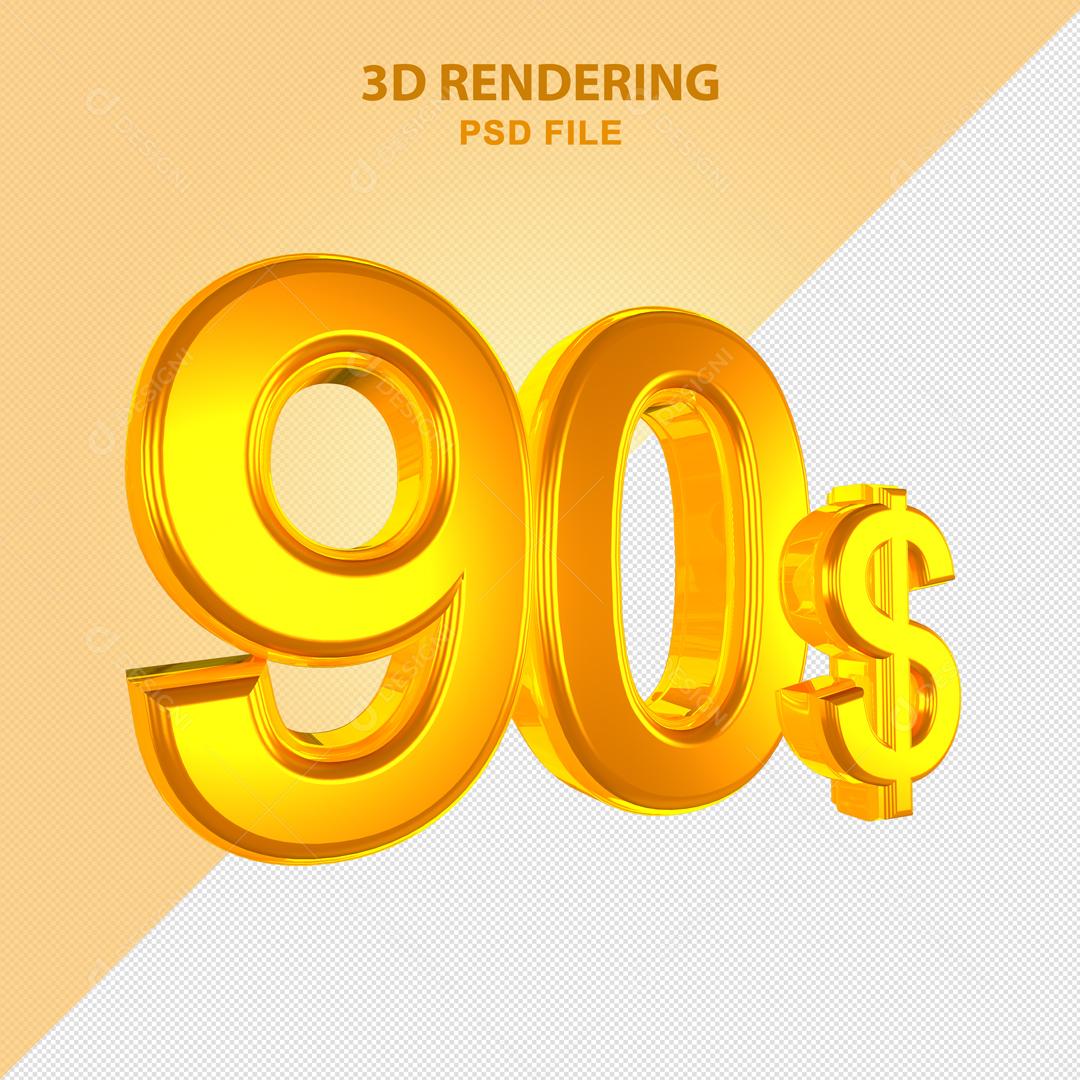 Número 3D 90$ Dólar Dourado Elemento Para Composição PSD