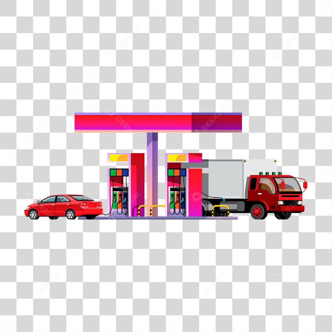 Desenho de carros sobre um posto de gasolina