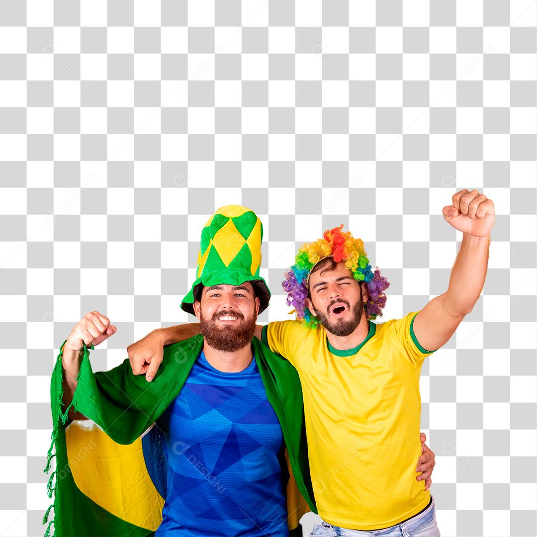 Homens jovem torcedores brasileiros com chapeu do brasil