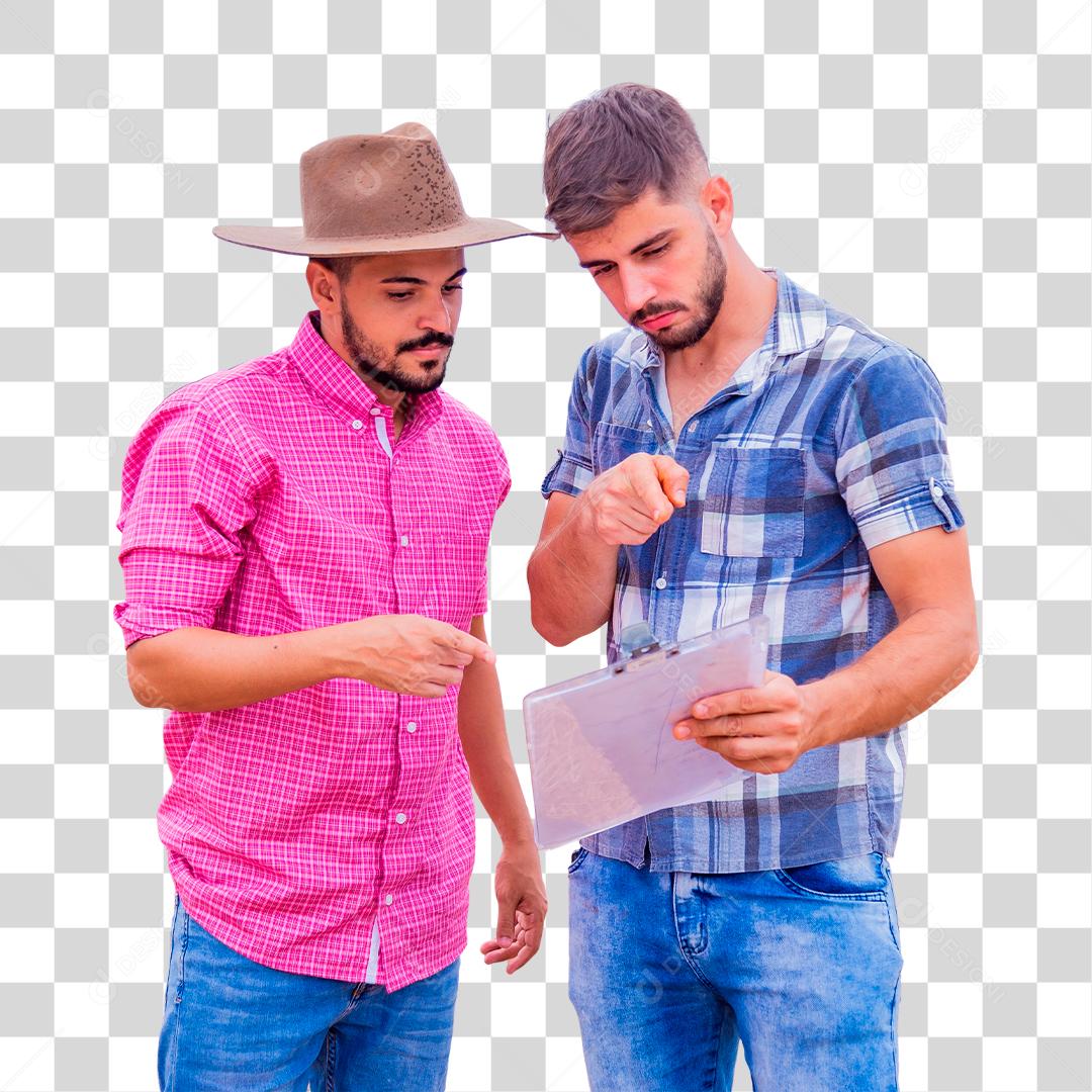 Homens jovens agricultores olhando um projeto no papel