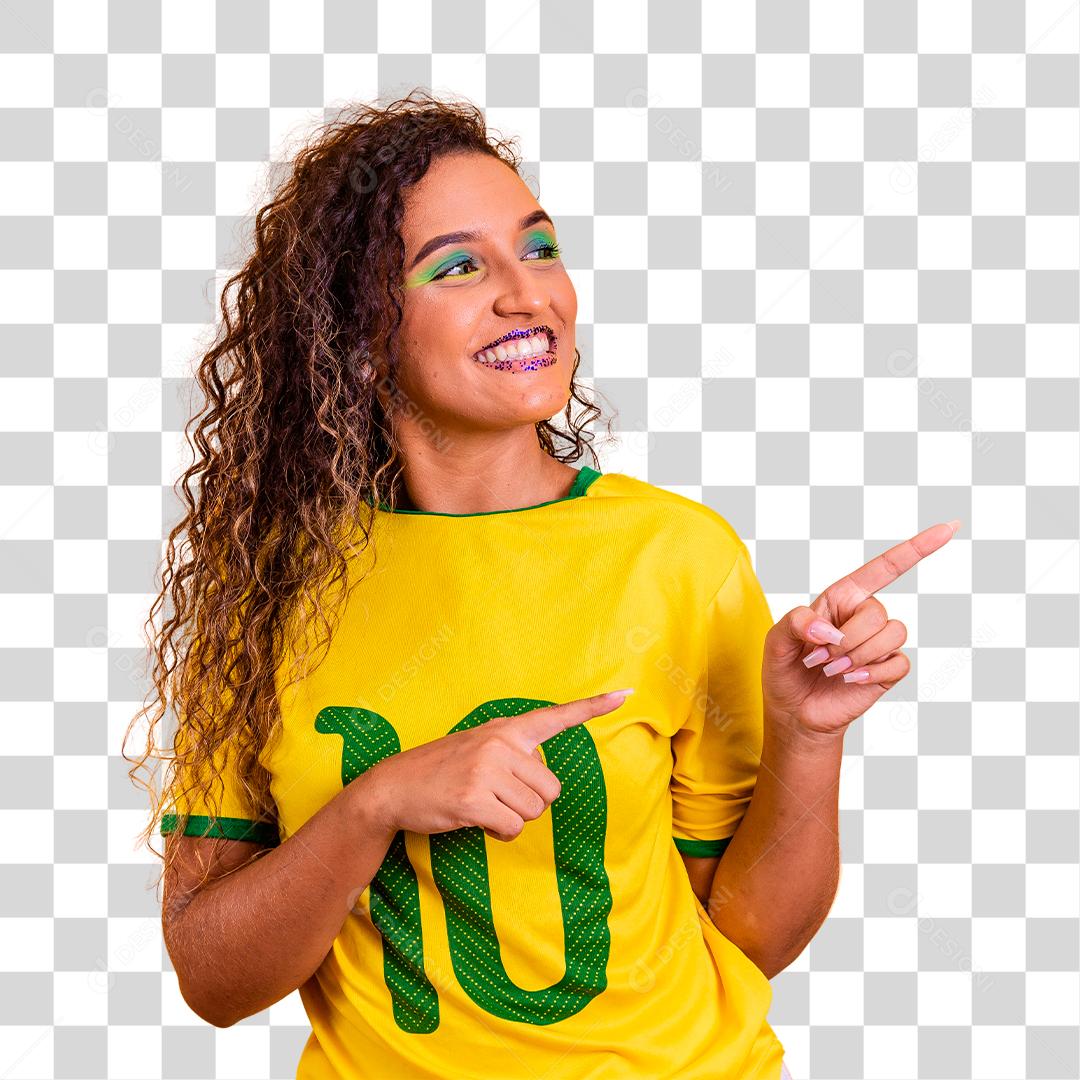 linda líder de torcida brasileira apontando para o lado
