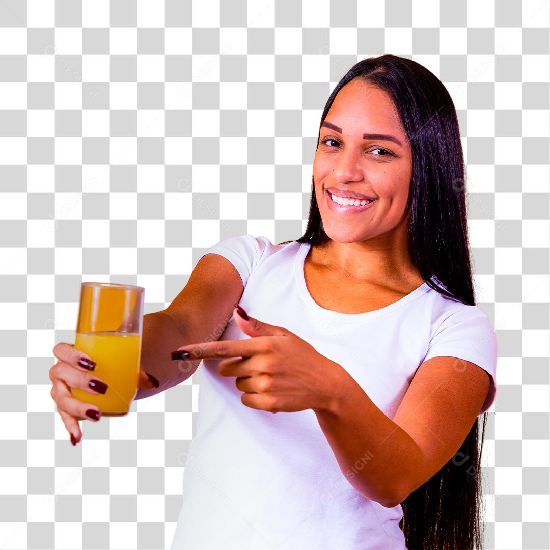 Mulher apontando para copo de suco de laranja