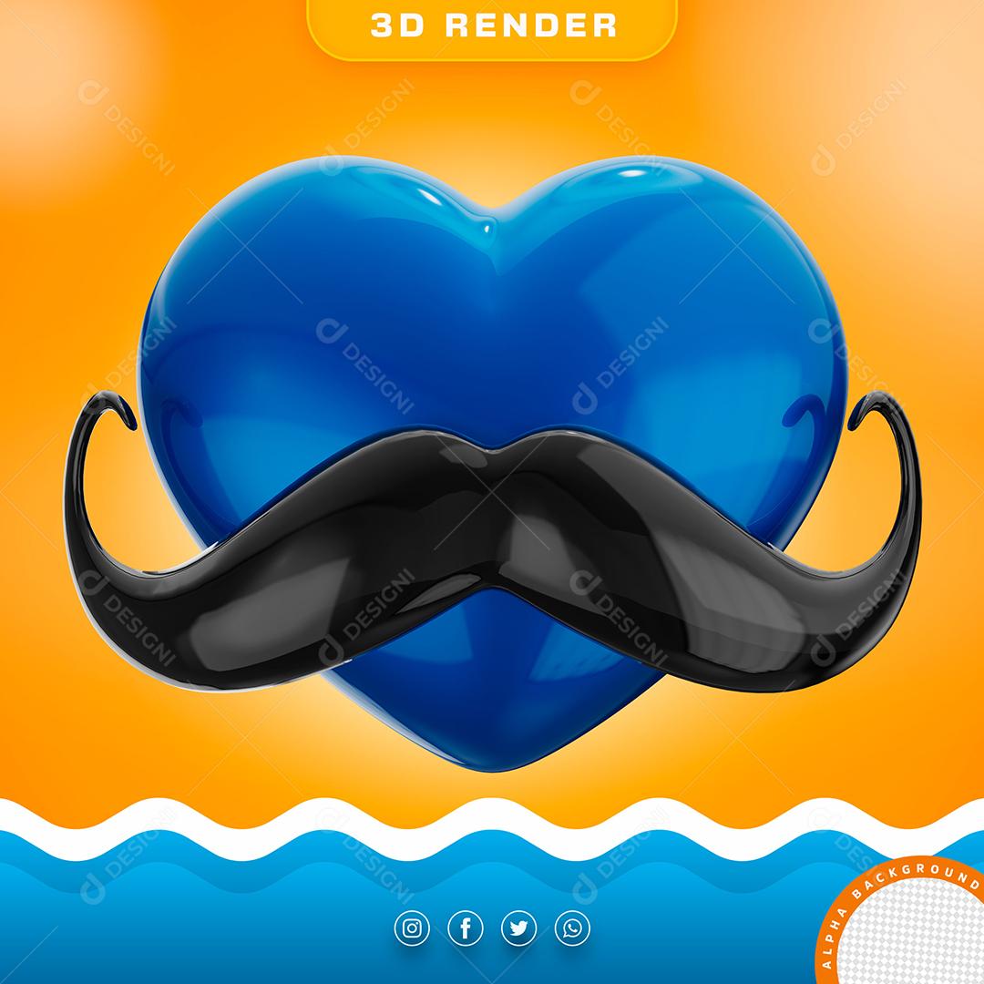 Coração com Bigode 3D do Dia dos Pais Elemento para Composição PSD