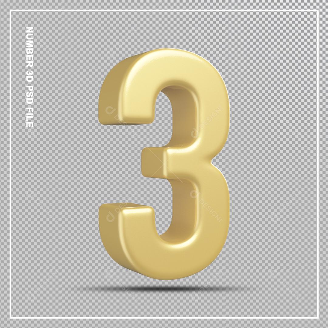 Número 3 Dourado 3D Para composição PSD