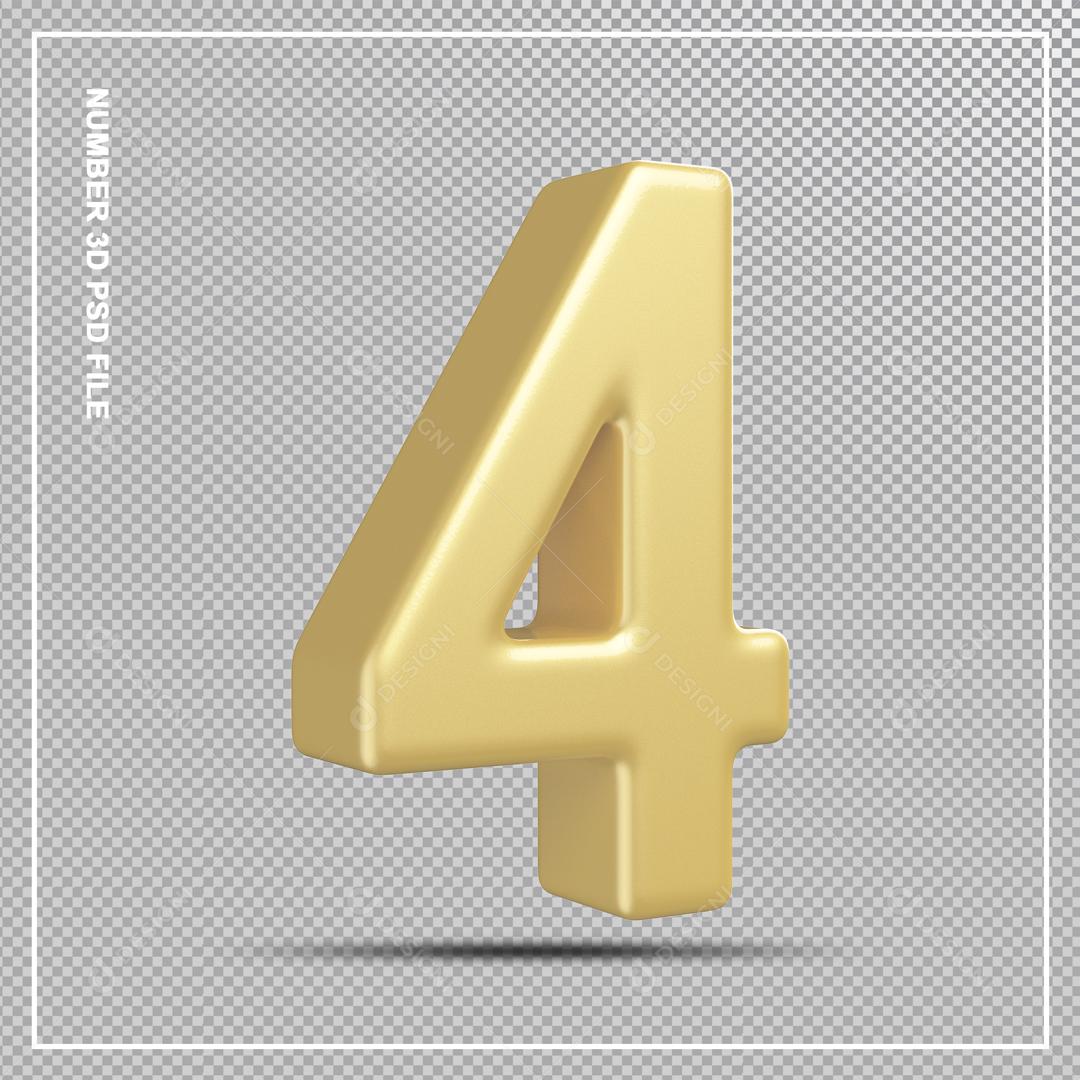 Número 4 Dourado 3D Para composição PSD