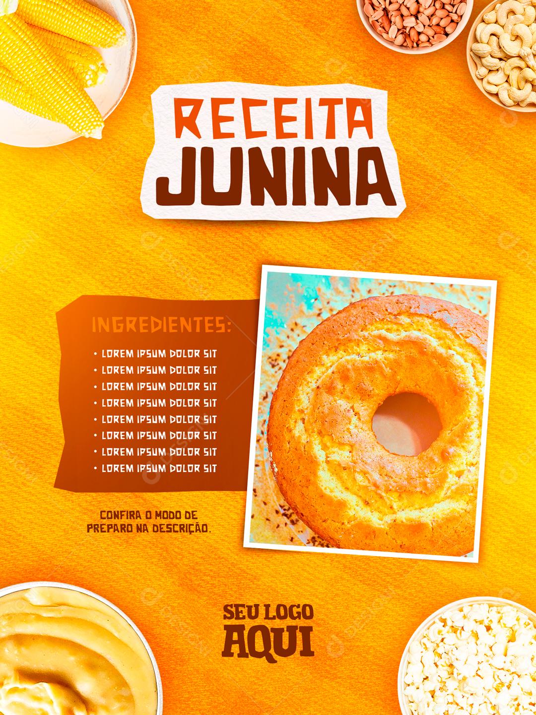 Receita Junina Ingredientes Arraiá Social Media PSD Editável