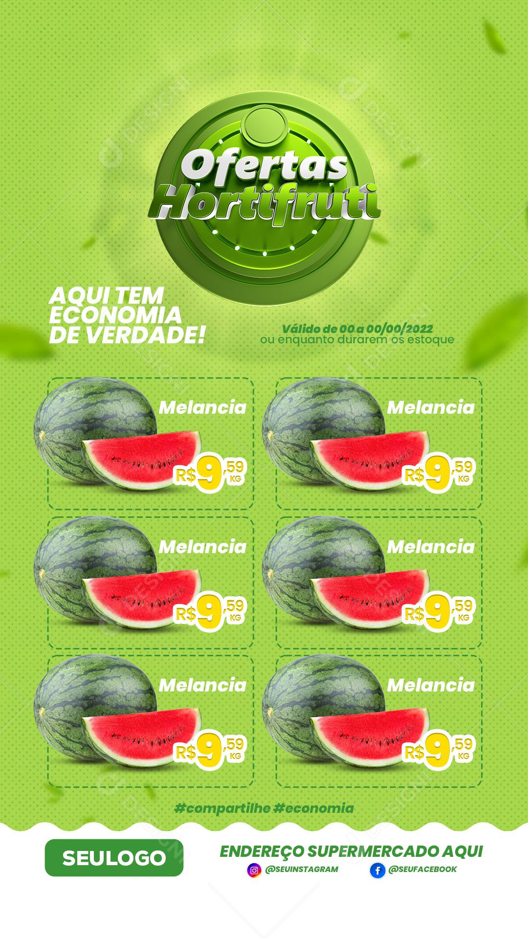 Ofertas Hortifruti Aqui Tem Economia Social Media PSD Editável