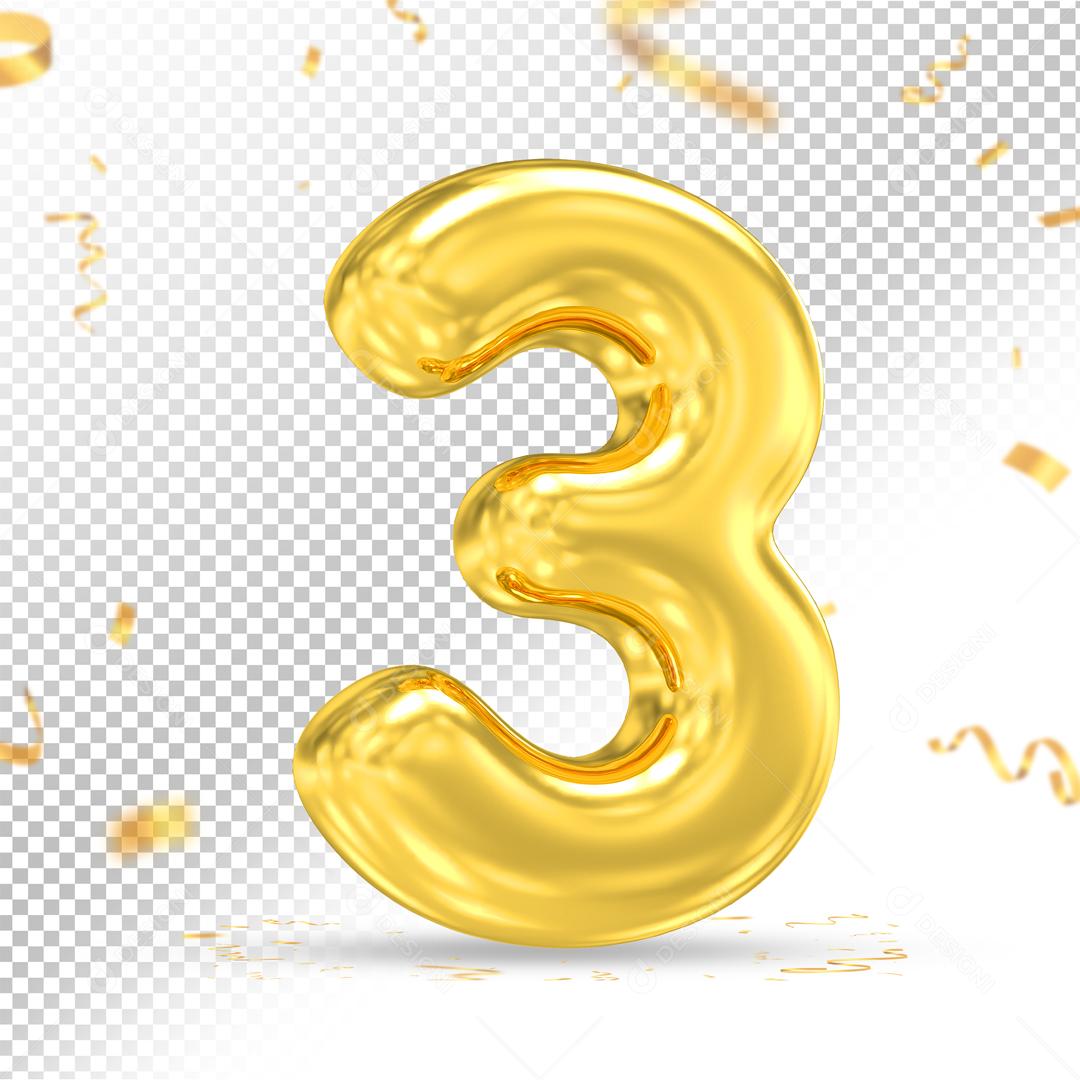 Número 3 Dourado 3D Para composição PSD