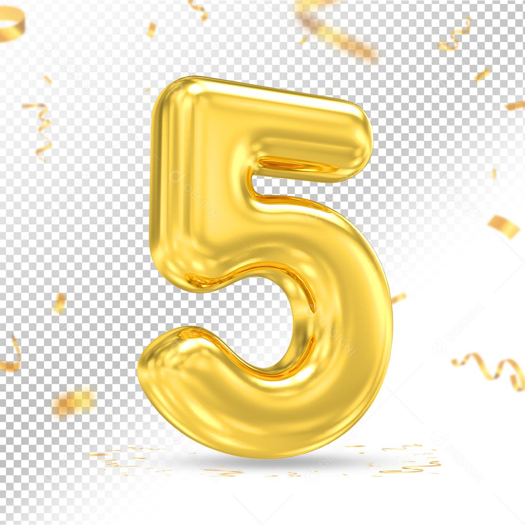 Número 5 Dourado 3D Para composição PSD