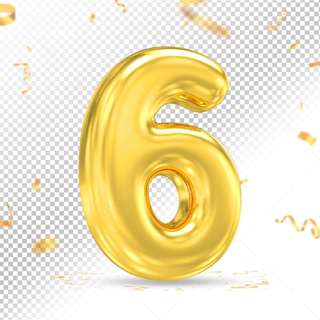 Número 6 Dourado 3D Para composição PSD