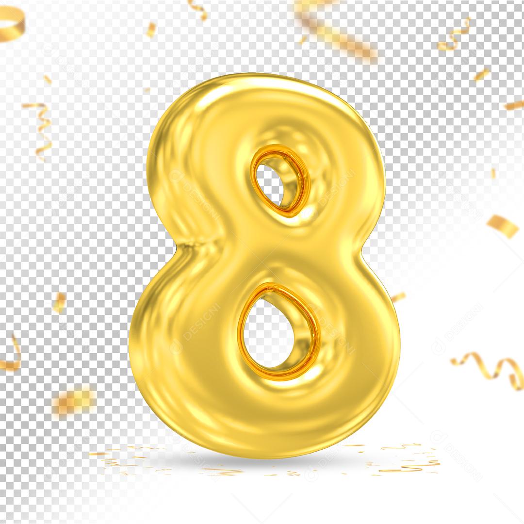 Número 8 Dourado 3D Para composição PSD