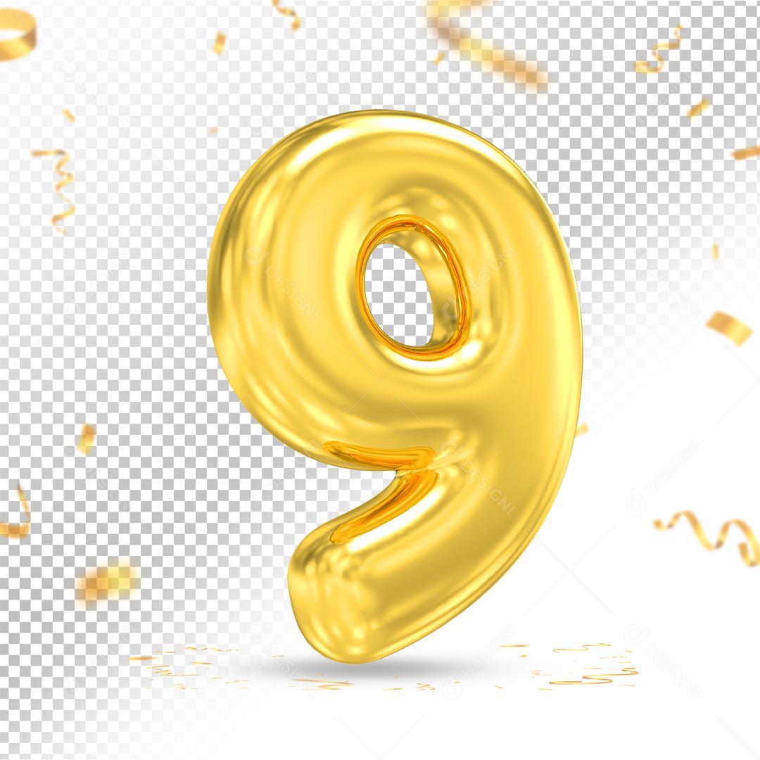 Número 9 Dourado 3D Para composição PSD