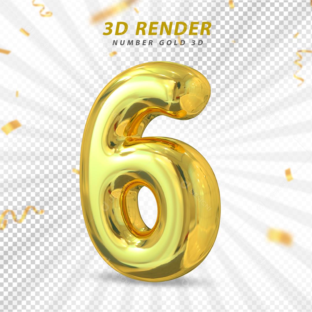 Número 6 Dourado 3D Para composição PSD