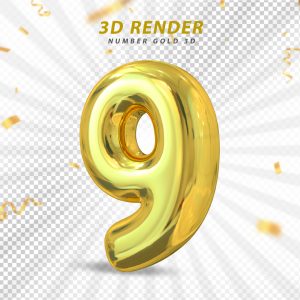Número 3D 9 Dourado Para composição PSD