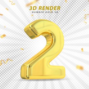 Número 3D 2 Dourado Para composição PSD