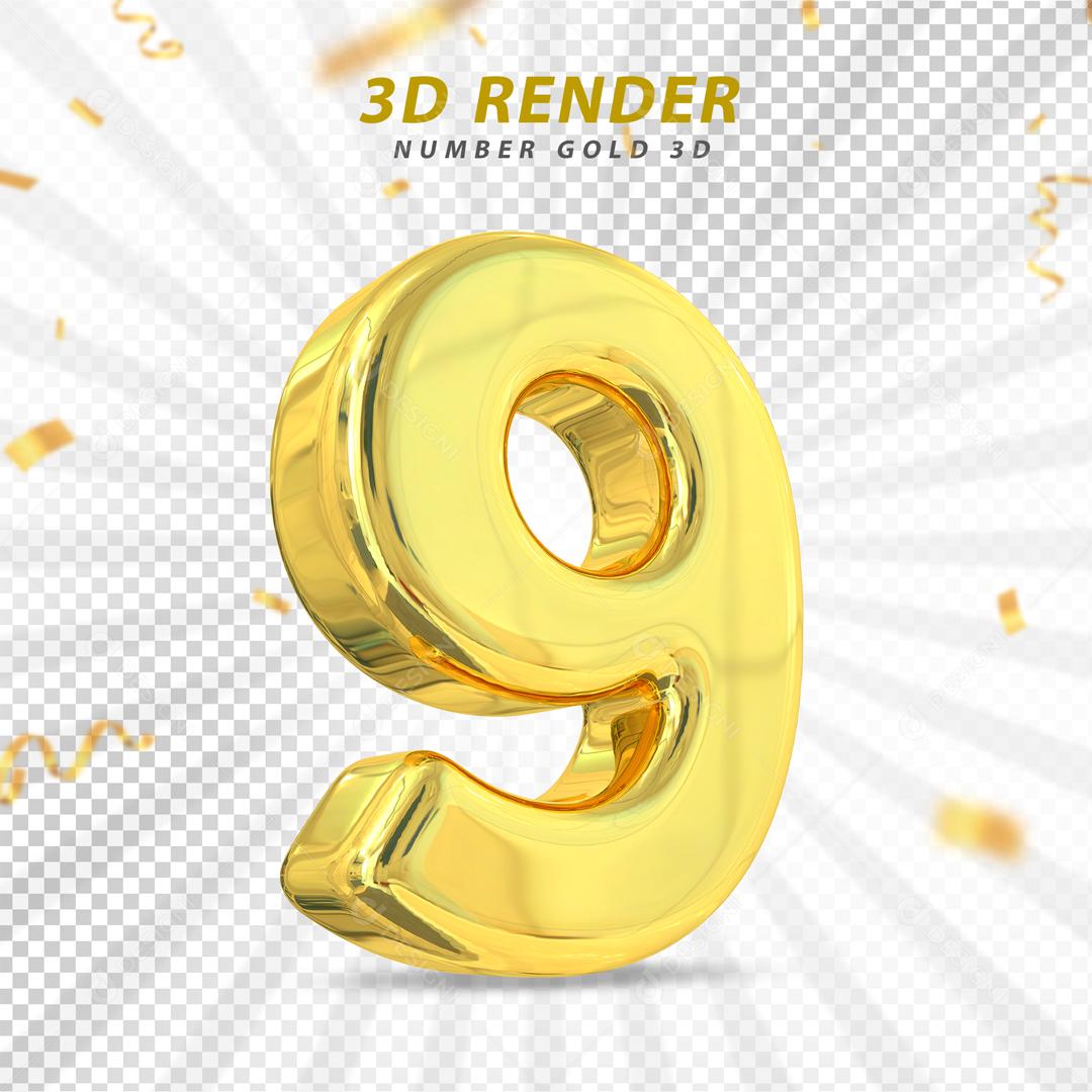 Número 3D 9 Dourado Para composição PSD