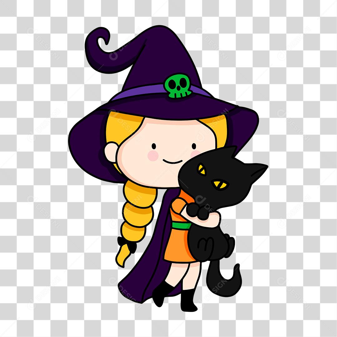 Desenho de menina segurando gato animal dia das bruxas