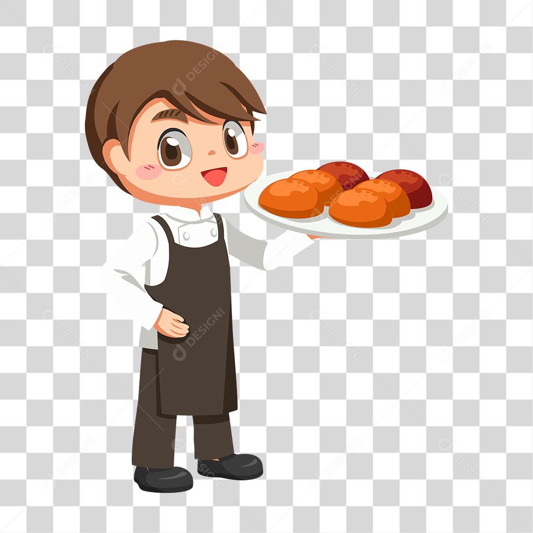 Desenho de garçom segurando bandeija comida