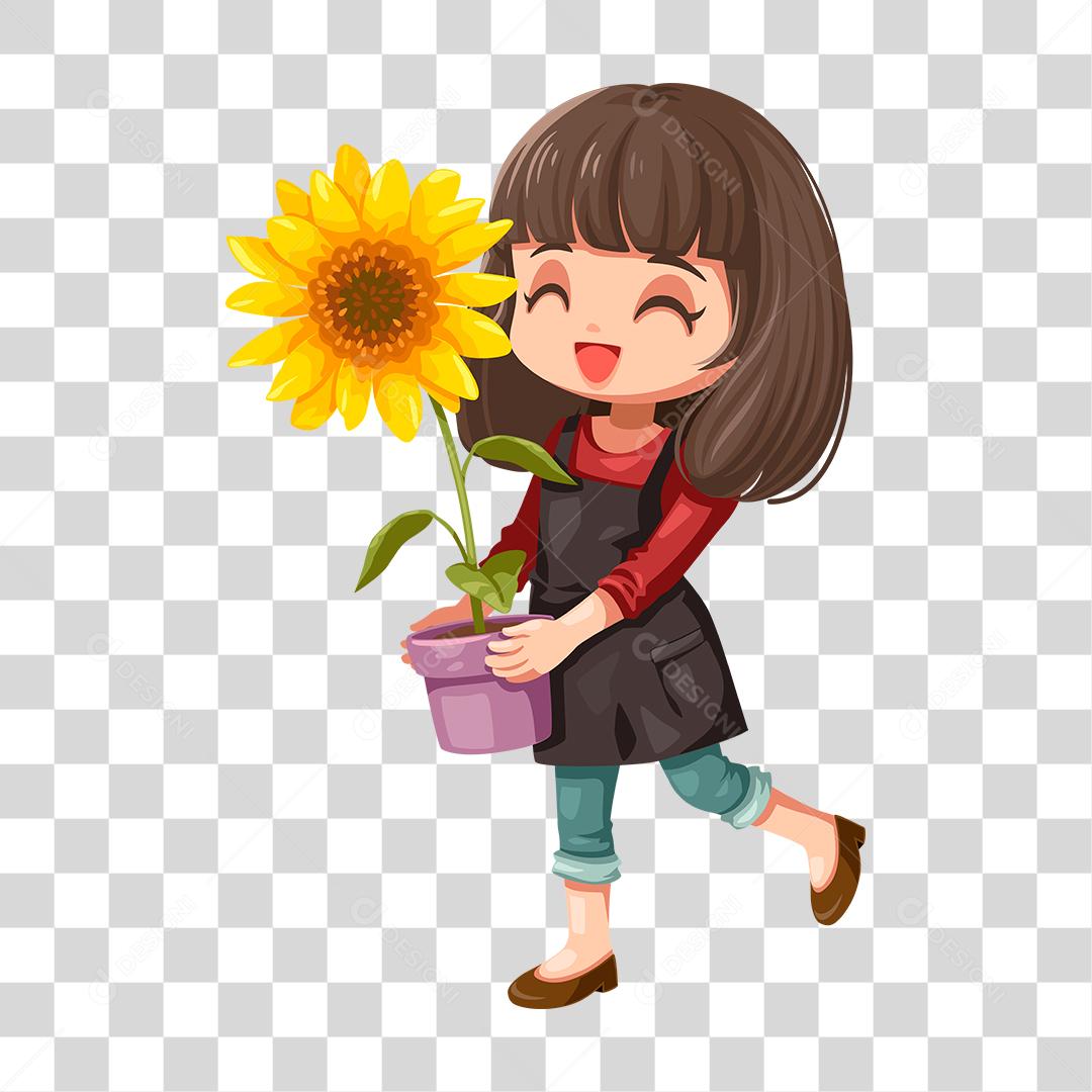 Desenho de mulher segurando vazo de plantas