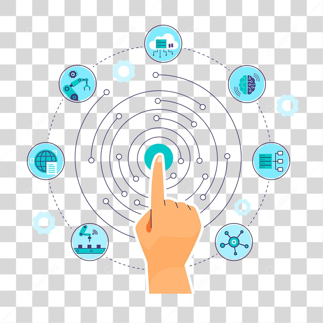Desenho de sistema com círculos integrados mão clicando em ícones
