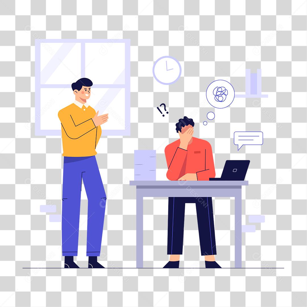 Desenho de jovens empresarios em um escritorio pensando em trabalhos