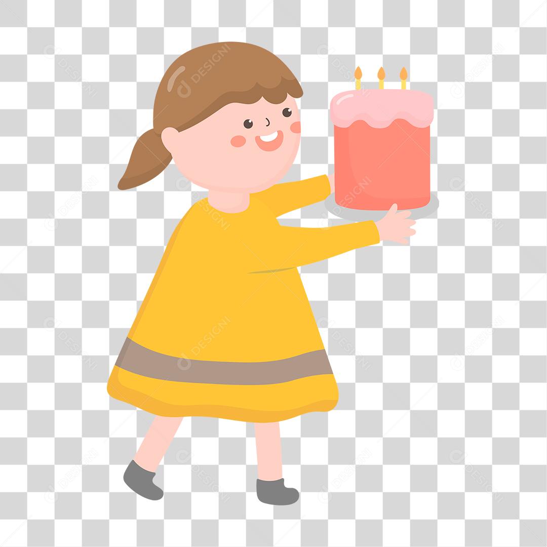 Desenho de mulher segurando bolo aniversario