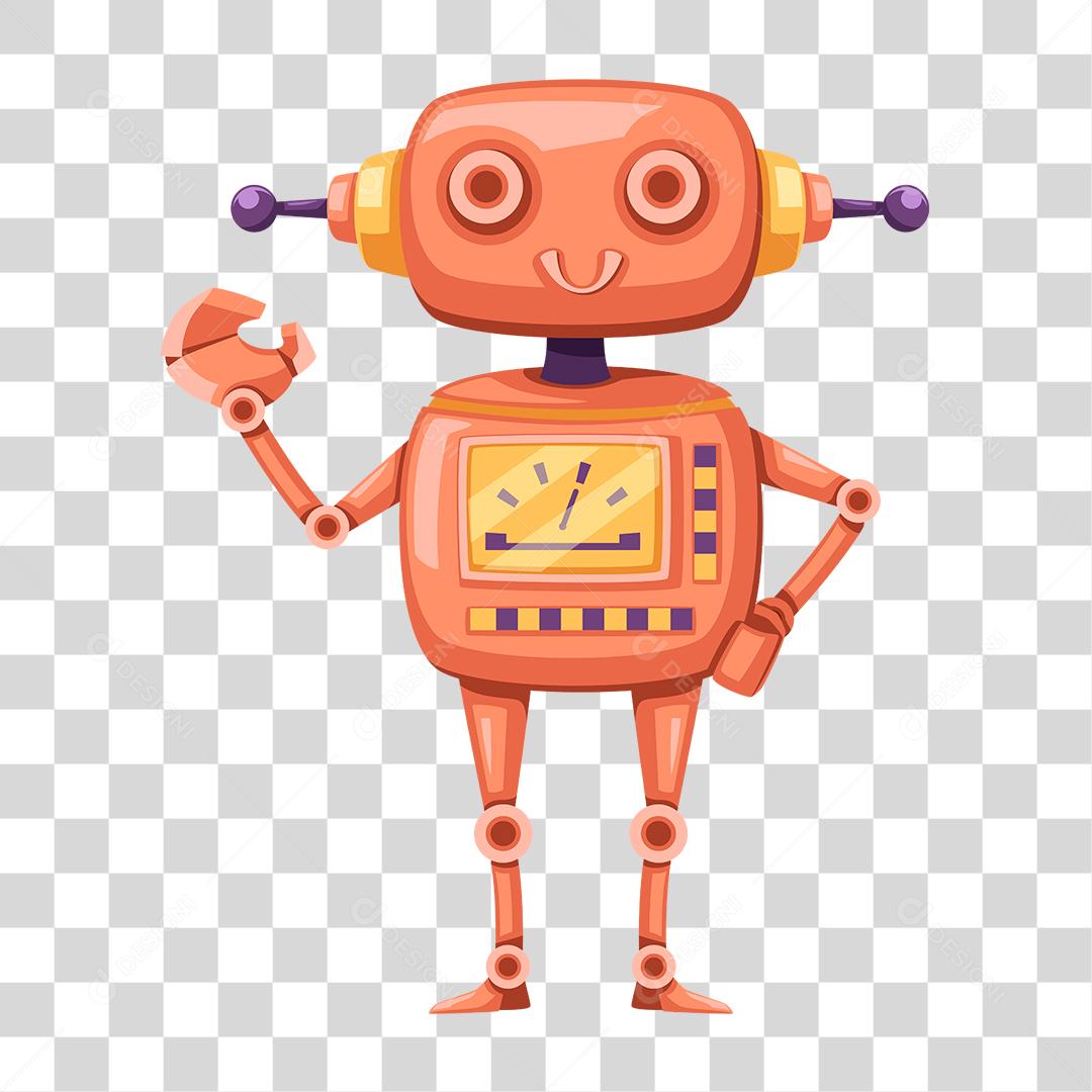 Desenho de robô Laranja com antenas roxas PNG Transparente