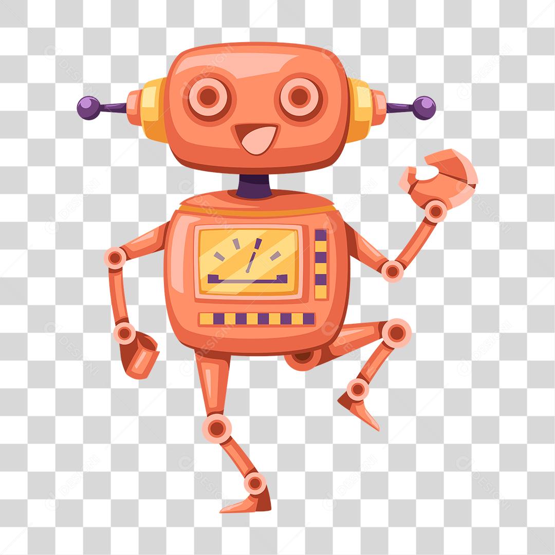 Desenho de robô Laranja com antenas roxas PNG Transparente