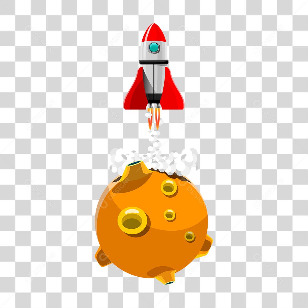 Desenho do foguete decolando de um planeta