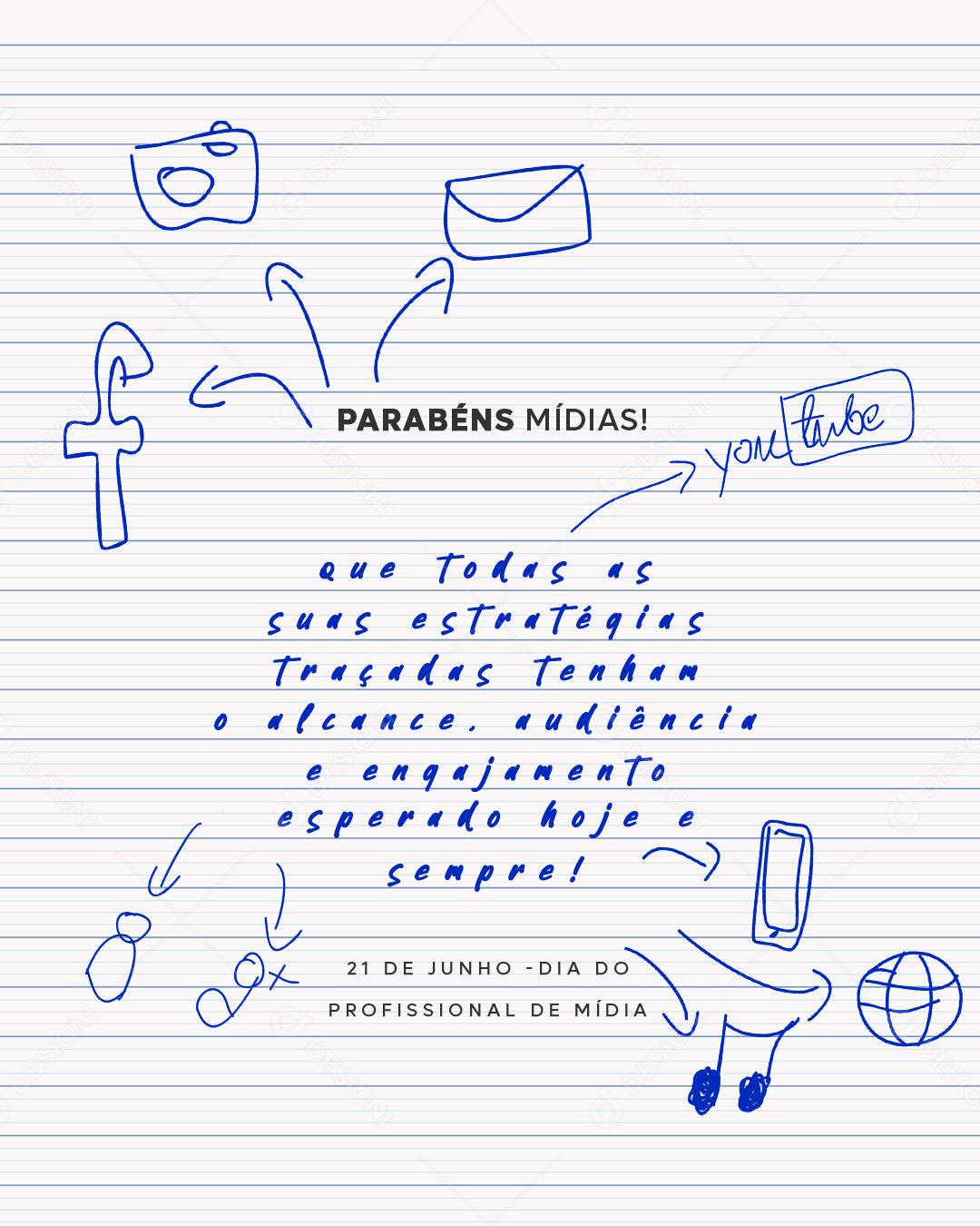 Dia do Profissional de Mídia Parabéns Mídias 21 de Junho Social Media PSD Editável