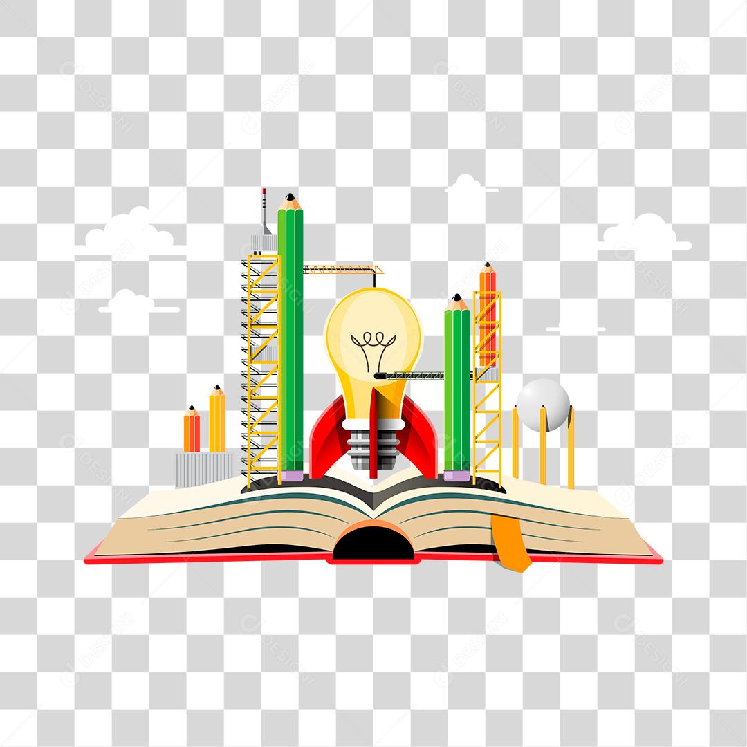 Desenho de uma lâmpada em forma de foguete em cima de um livro simbolizando ideias