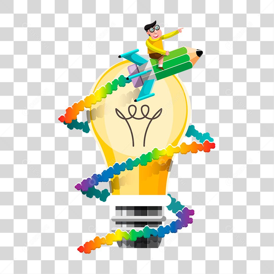 Desenho de uma lâmpada  sendo cercada por um lápis forma de foguete simbolizando ideias