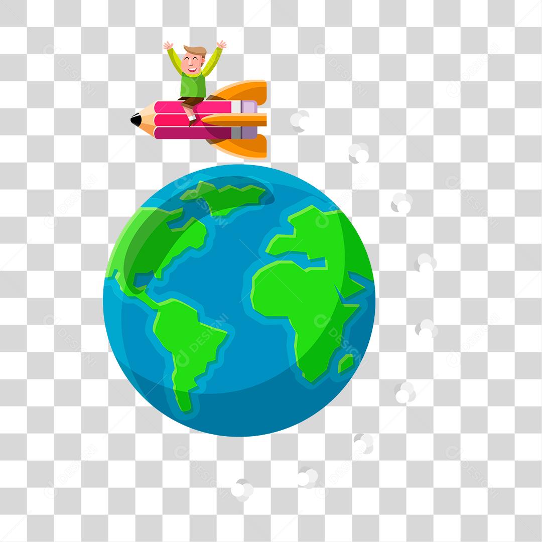 Desenho de uma lapis em forma de foguete ao redor do mundo