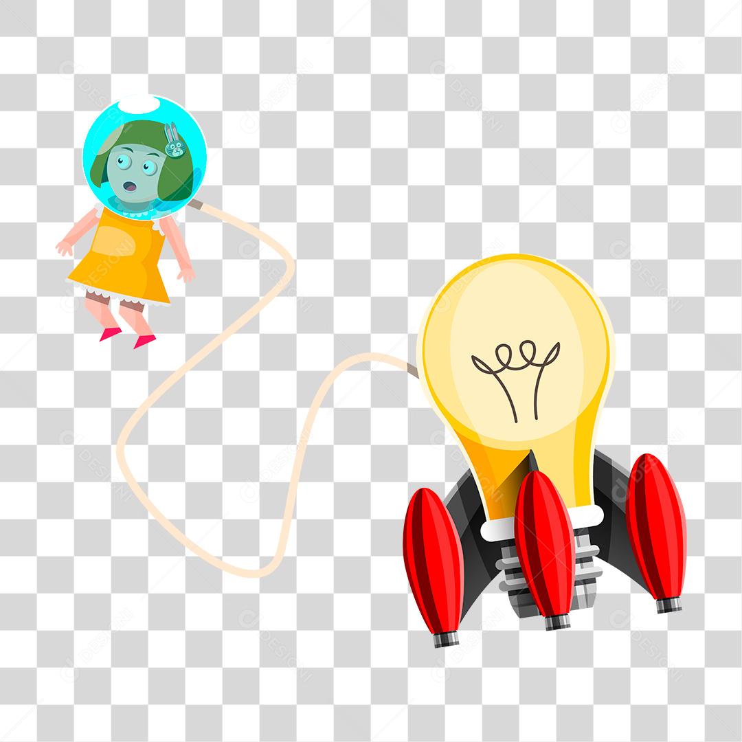 Desenho de uma lâmpada em forma de foguete com uma menina