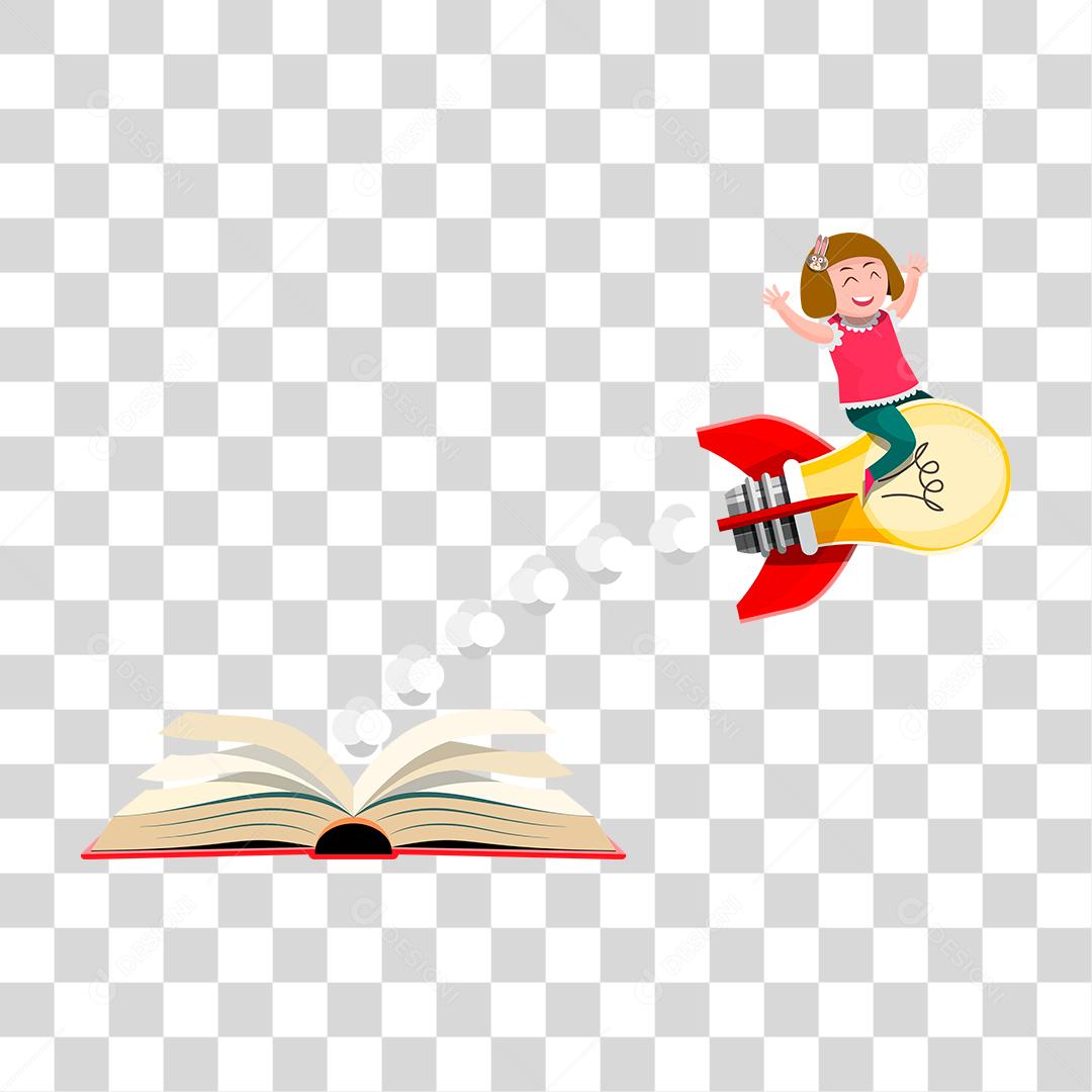 Desenho de uma lâmpada em forma de foguete com uma menina em cima