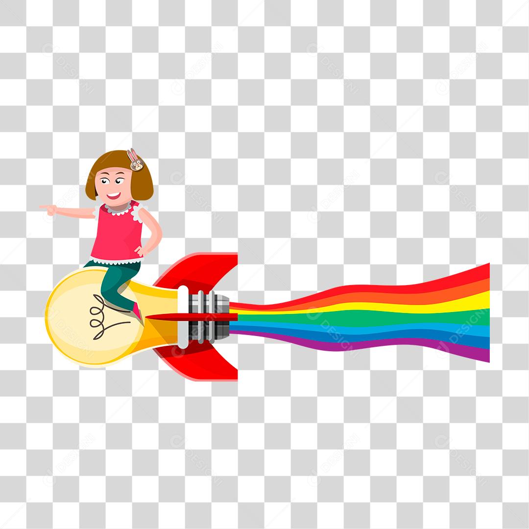 Desenho de uma lápis em forma de foguete com uma menina em cima