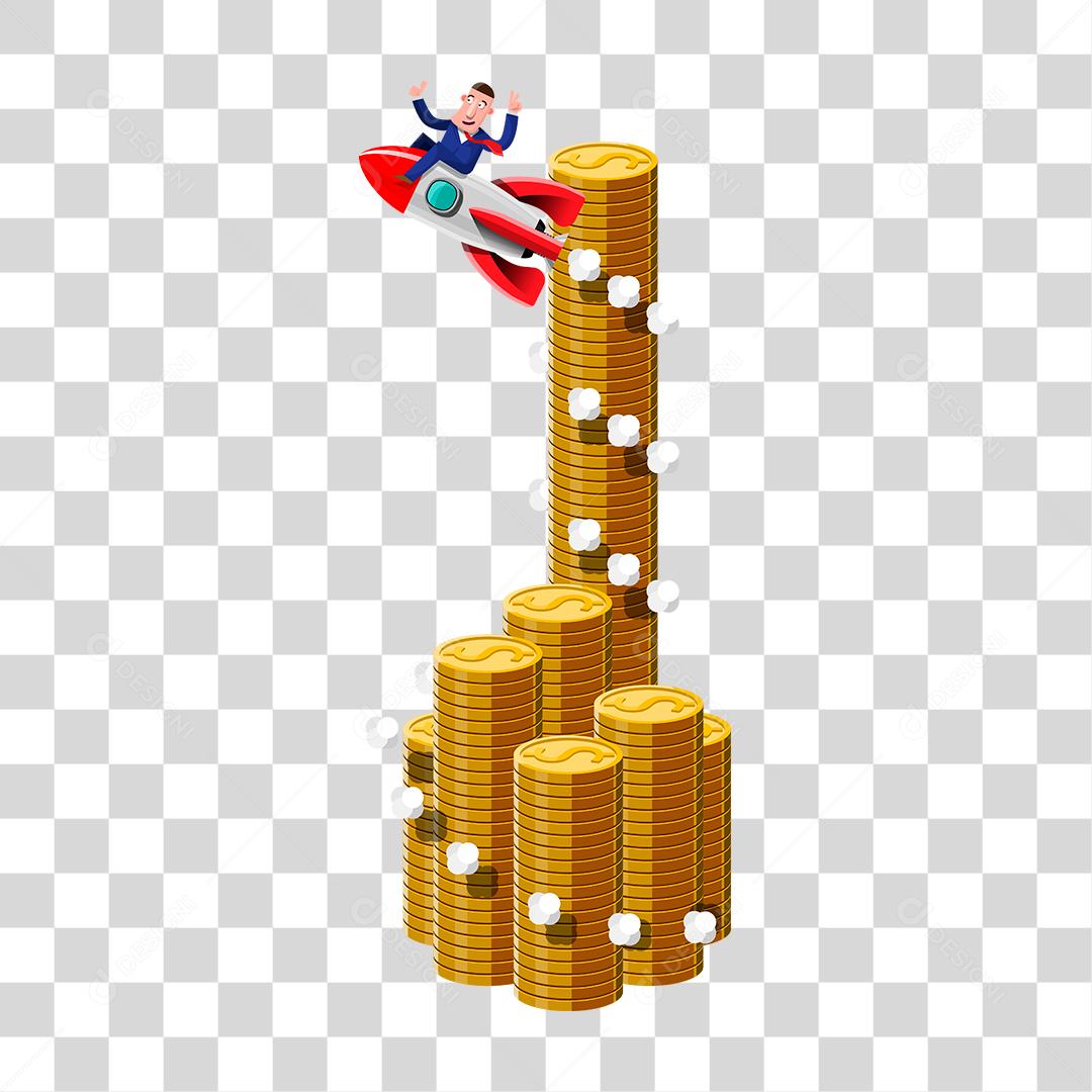 Desenho de um empresário montado em um foguete voando sobre umas moedas